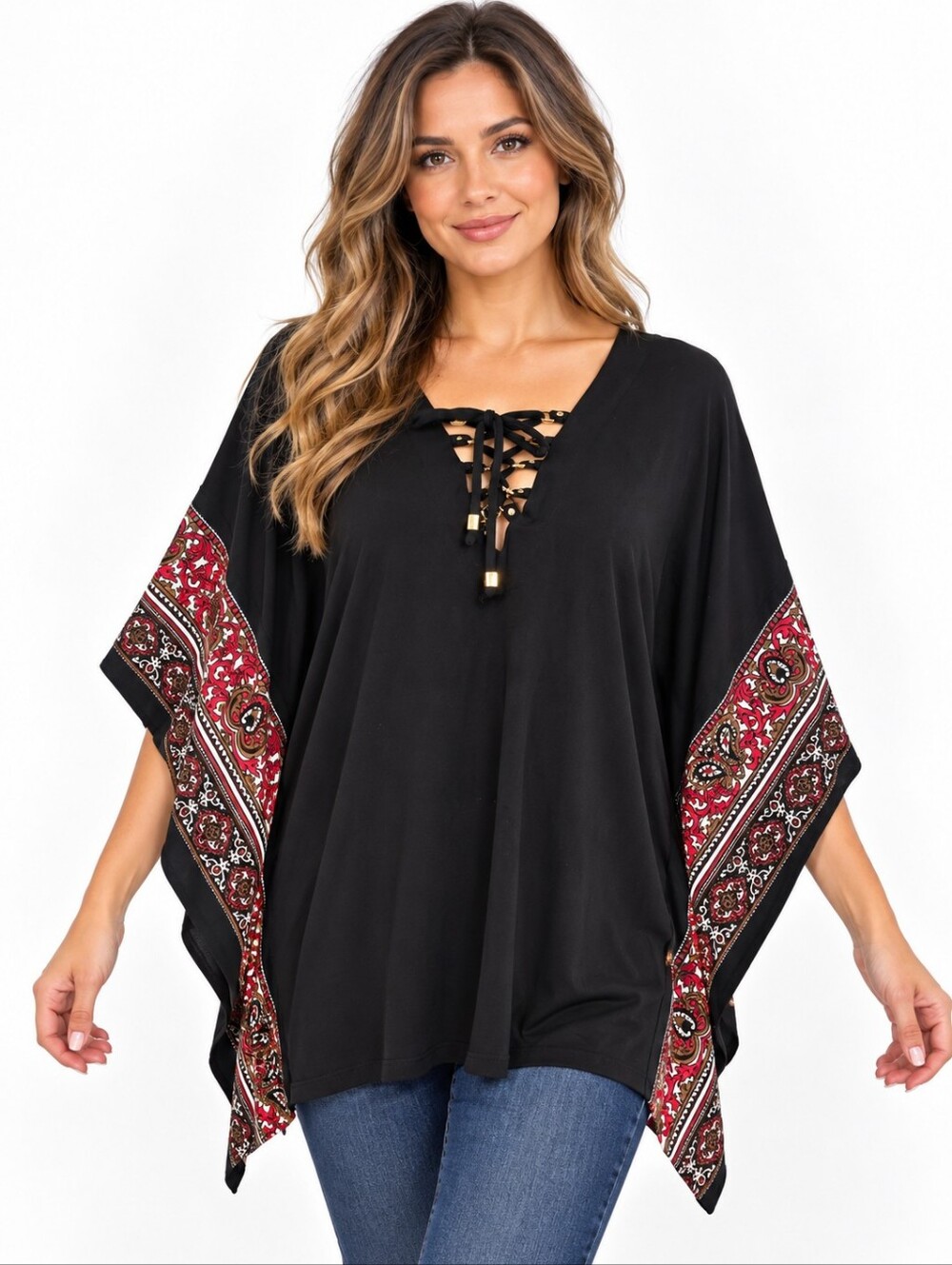 MICHAEL Michael Kors M Black Paisley Lace Up Poncho Kimono Tunic Top